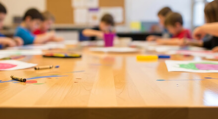 Blurred scene of young children sitting at a table during a creative art class in school.