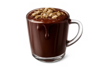 Rich hot chocolate drink in glass mug with cookie crumble topping, drizzling melted cocoa, sweet decadent dessert