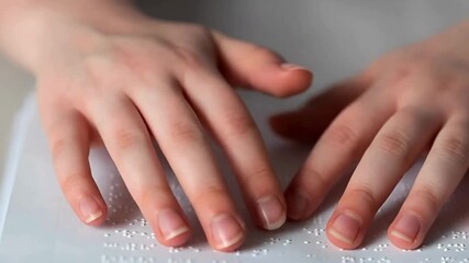 Person reading braille text with their fingers moving across raised dots in white paper for tactile reading and literacy, sensory education concept - Powered by Adobe