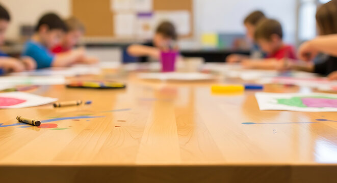 Blurred scene of young children sitting at a table during a creative art class in school.
