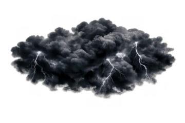 Dark storm cloud with lightning striking, symbolizing danger, power, and severe weather, transparent background