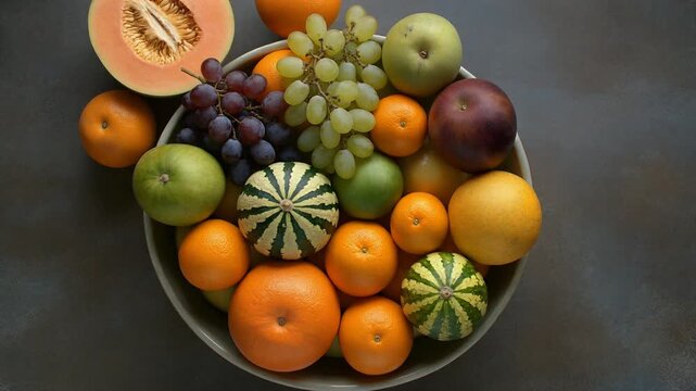 A vibrant and diverse assortment of fresh fruits, including grapes, oranges, apples, and melons, arranged beautifully in a bowl, showcasing healthy eating and natural abundance.