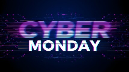 Cyber Monday glitch banner with neon gradient text and digital circuit background in tech style