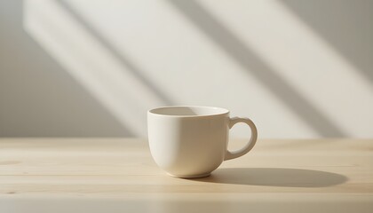 Fototapeta premium Minimal ceramic cup on a pale wooden table in soft light