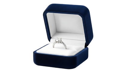 Diamond Engagement Ring in Luxury Blue Velvet Box with White Interior Isolated on White background