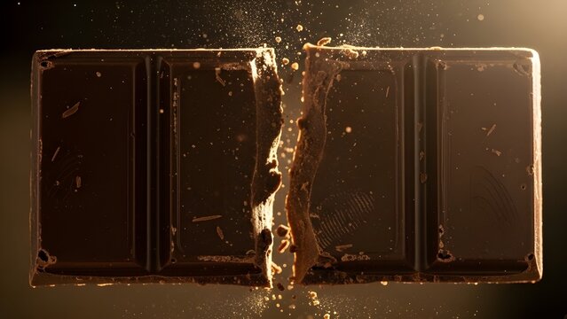 High speed photograph of dark chocolate bar breaking