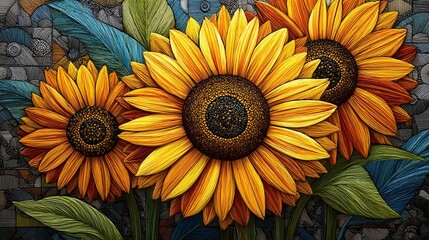 Golden and amber knots of wool woven together to form giant sunflowers 