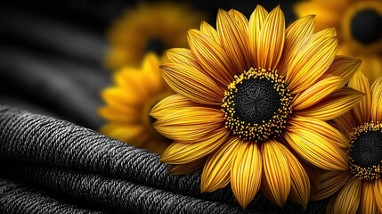 Golden and amber knots of wool woven together to form giant sunflowers 