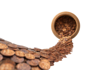 Wooden Bowl Spilling Coins on White Background