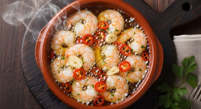 Gambas al Ajillo, traditional Spanish tapas dish of sizzling shrimp cooked in garlic and olive oil