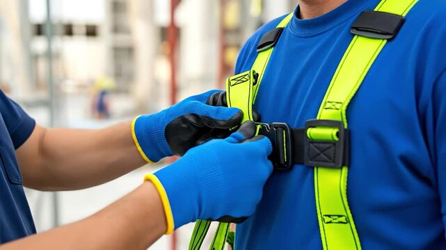 Construction worker in blue shirt getting a neon yellow safety harness adjusted by a colleague wearing blue gloves, ensuring workplace safety and fall protection on site.