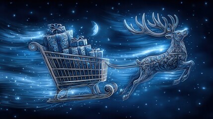 Shopping cart full of Christmas gifts a sleigh being drawn by reindeer through the night sky 