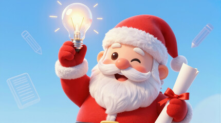 Santa Claus holding a glowing lightbulb and a scroll, symbolizing new ideas and Christmas wishes