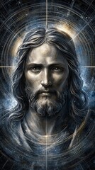 swirling brut art of a portrait of jesus christ, preaching, praying, comforting, art brut abstract art 