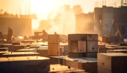 A sunlit construction site showcases wooden blocks and silhouettes of workers, highlighting an industrial morning scene