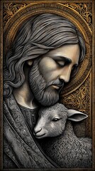 jesus christ praying, holding a baby lamb, comforting, calm