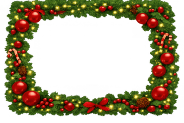 Christmas garland frame decorating with red ornaments, lights, candy canes, pine cones, and bows on transparent background
