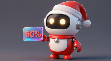 Cute robot wearing Santa hat holding a 50 percent discount sign for Christmas sales