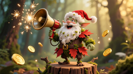 Whimsical forest elf announces sales with a megaphone and falling gold coins
