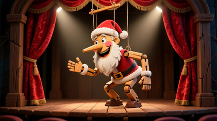 Wooden Santa Claus puppet character on stage with red curtains and spotlights