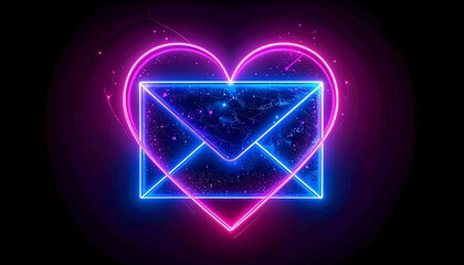 A vibrant neon graphic featuring an illuminated envelope centered inside a glowing heart shape against a black background