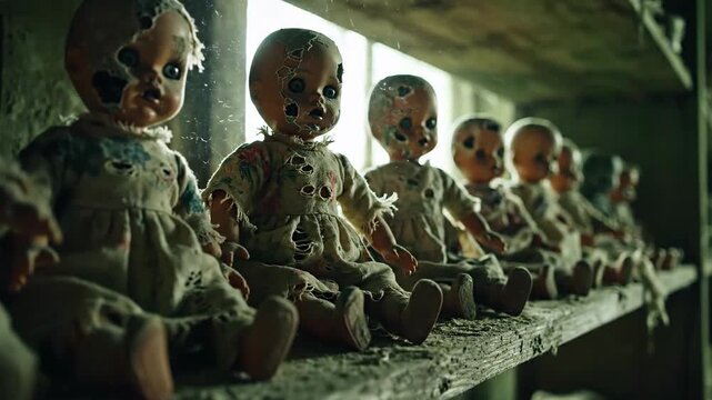 A cinematic, high-contrast view of unsettling, damaged creepy dolls sitting in a dark, eerie prison on a dusty wooden shelf.