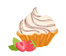 Cream dessert with whipped vanilla cream short crust pastry and strawberry hand drawn texture illustration. Sweet tartlet pastry dessert art. Vector hand drawn cartoon cream puff design for menu print