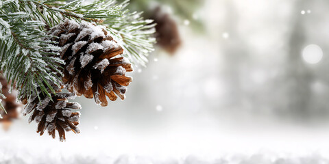 Close-up of snow-covered pinecones hanging from frosted pine branches with a softly blurred wintry background. Ideal for holiday cards, seasonal ads, and nature-themed winter designs.