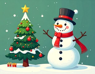 Obraz premium Festive illustration showing a Christmas tree and snowman on snowy ground
