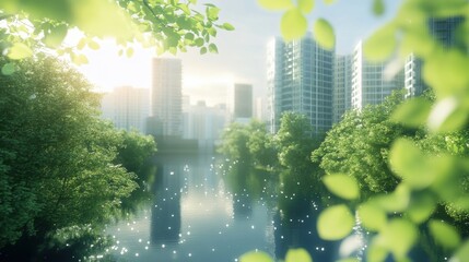 A visual representation of sustainable development, featuring elements like green buildings, on blurred background