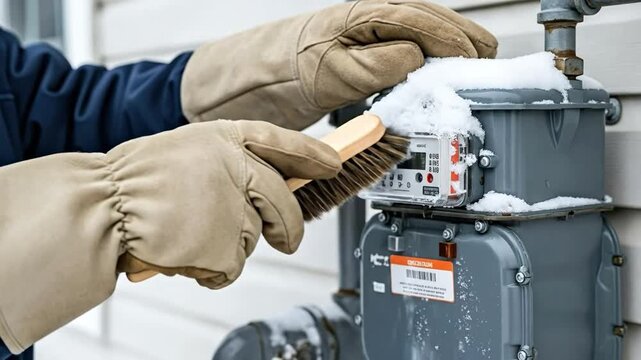 Gloved hands carefully brushing accumulated snow off a residential gas meter during cold winter weather for essential home maintenance and safety.