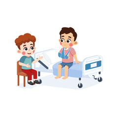 Kid Visiting an Injured Friend with Broken Arm in Hospital