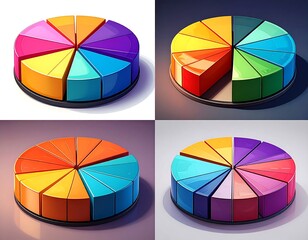 Four colorful, 3D pie charts, each with distinct segments