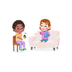 Kid Visiting and Cheering Up an Injured Friend with Broken Arm at Home