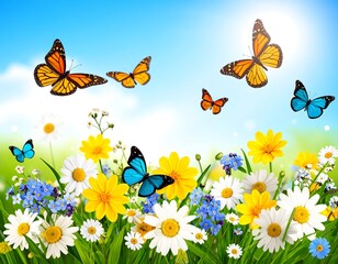 Colorful butterflies flit above blossoming flowers in sunny meadow