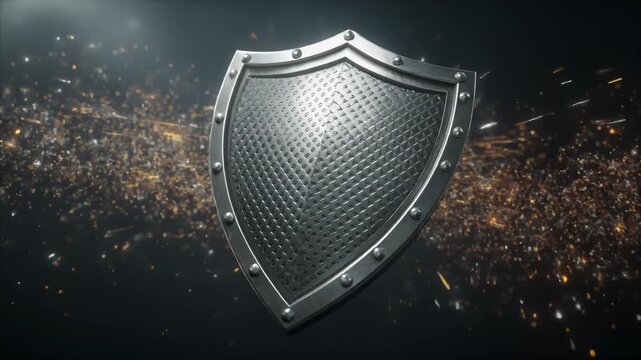A shiny metal shield on a dark background with sparks.