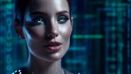 Futuristic woman with glowing blue eyes, digital circuit face patterns, cybernetic technology background, illuminated by neon light, artificial intelligence innovation, confident expression - Powered by Adobe