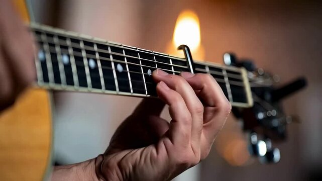 Acoustic guitar playing footage with hands on fretboard and capo performing chord progression in warm background cinematic musical instrument clip