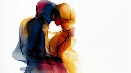 Abstract depiction of two figures embracing with flowing colorful lines against a white background
