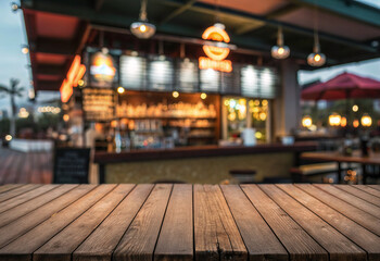 bar interior con efecto glow, mesa de madera en color marrón imagen desenfocada