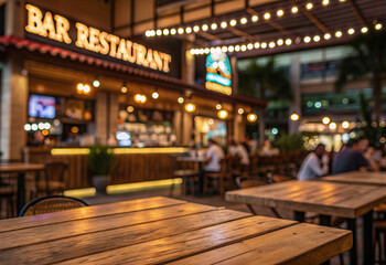 bar interior con efecto glow, mesa de madera en color marr&oacute;n imagen desenfocada