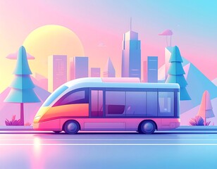 A vibrant, futuristic bus glides along a road, framed by stylized cityscape and natural elements under a colorful sky