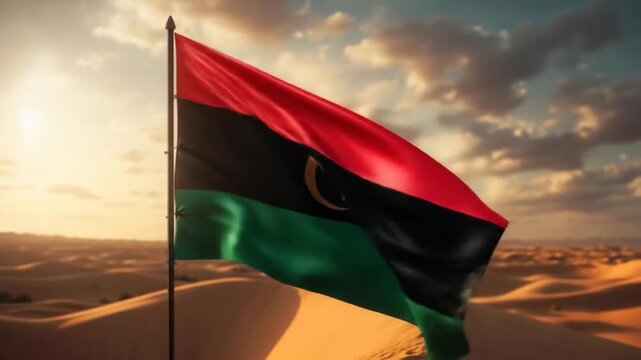 Waving flag of libya national symbol over desert backdrop golden hour setting cinematic visuals