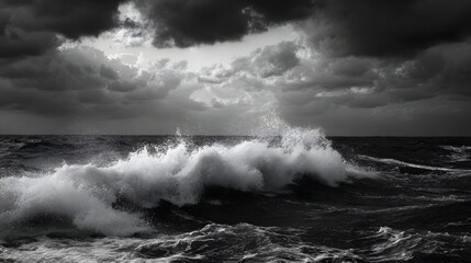 Obraz premium Dramatic black and white seascape with crashing wave under stormy sky.