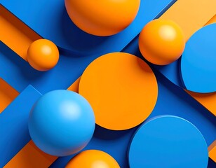 A vibrant geometric composition. Three-dimensional spheres and circles overlay blue and orange planes, creating depth and a dynamic interplay of forms