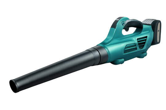 Cordless electric leaf blower power tool cleaning garden and landscaping debris, featuring a modern design and battery pack, transparent background