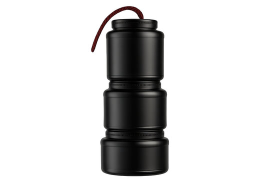 Improvised explosive device with red fuse, representing terrorism, danger, threat, and illegal activities on transparent background