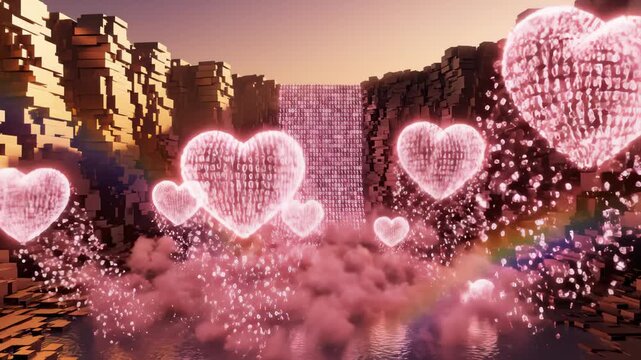 Digital Hearts Floating in Data Waterfall on a Pink Sky
