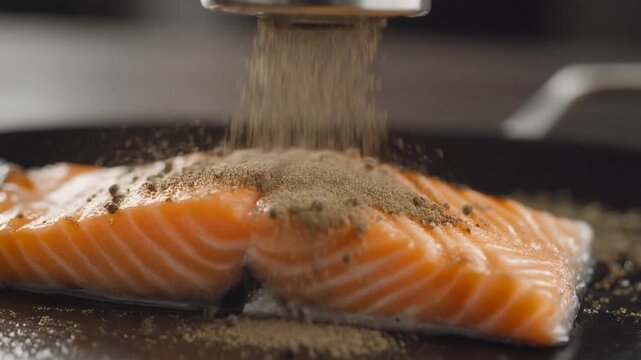 Close up of a hand seasoning a salmon fillet with a spice grinder, preparing a healthy meal.