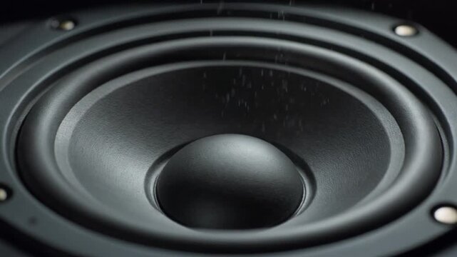 Close-up of a black speaker cone vibrating, producing sound waves for audio playback.